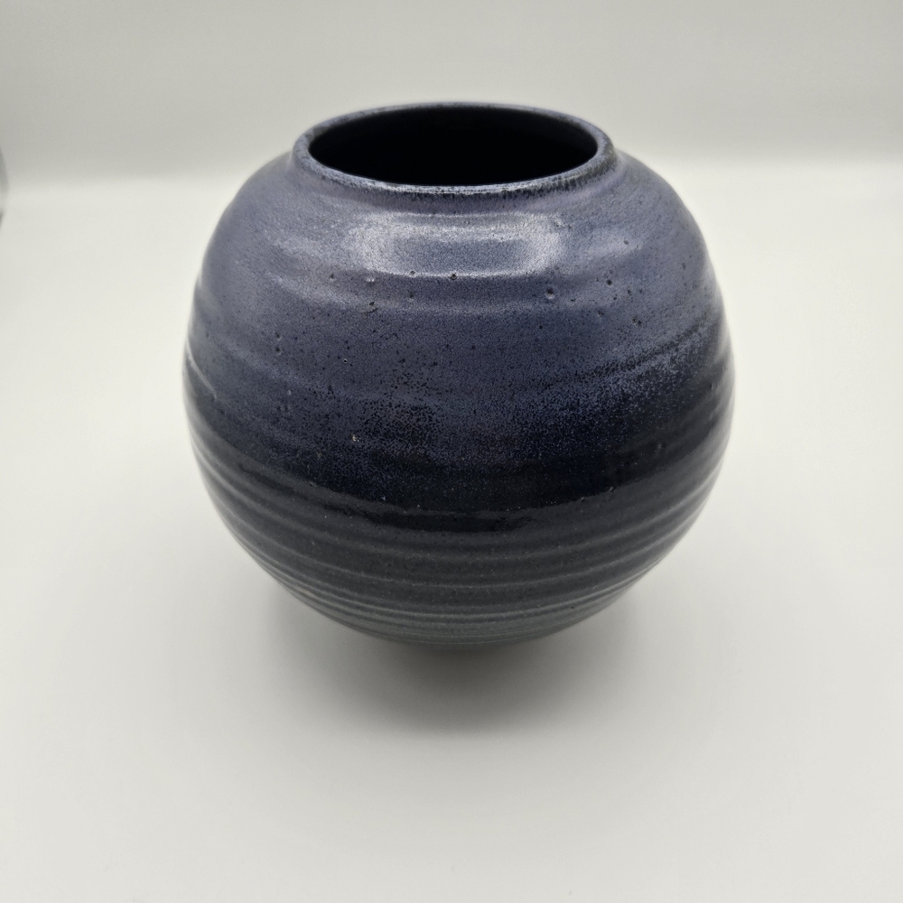 Blue Handmade Hand Thrown Ribbed Carved Rounded Pottery Vase Glazed Signed